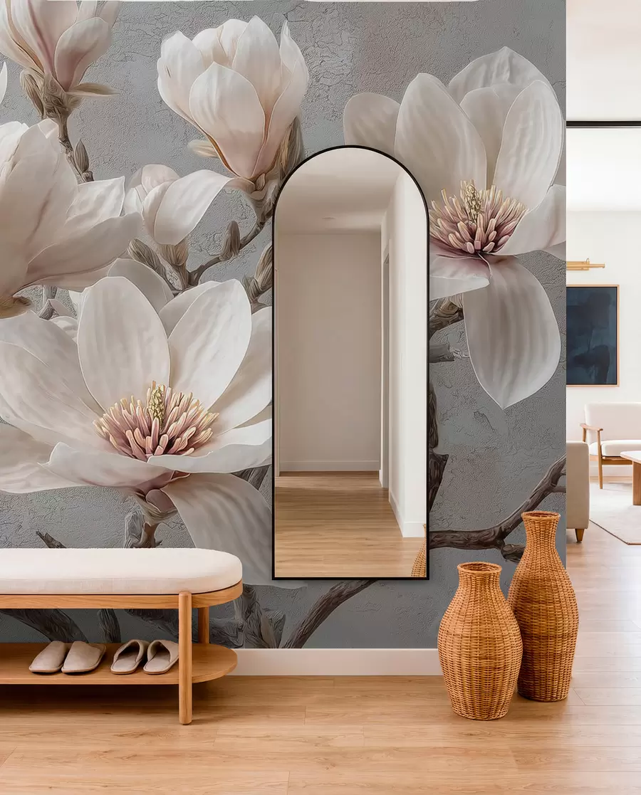 murales de pared Ramas de magnolia con grandes flores claras en tonos apagados w09305