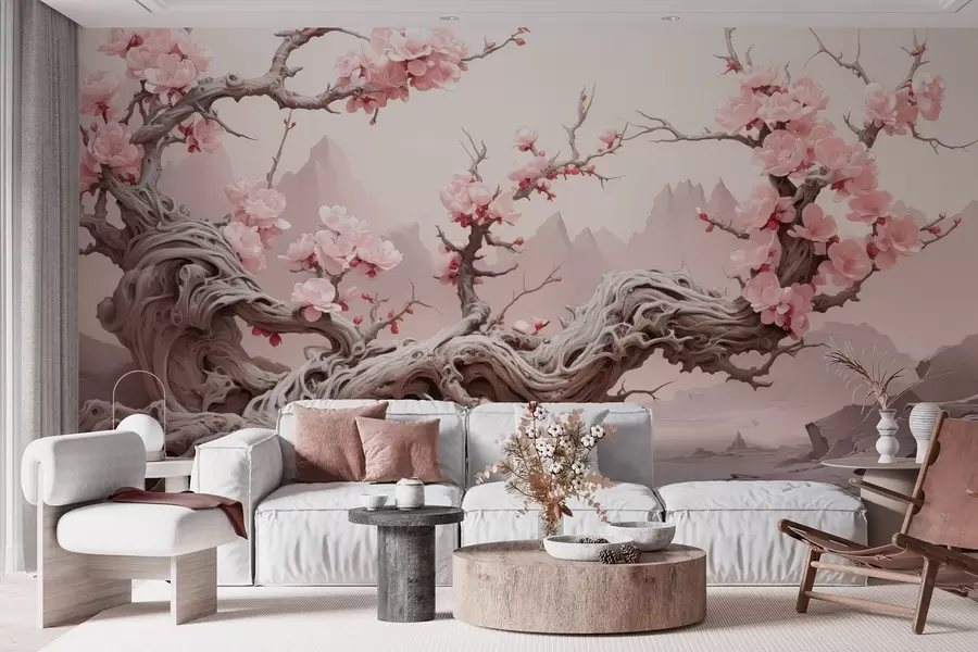 Murales de pared Tronco de árbol retorcido con sakura rosa en flor w09388 murales de pared Tronco de árbol retorcido con sakura rosa en flor w09388