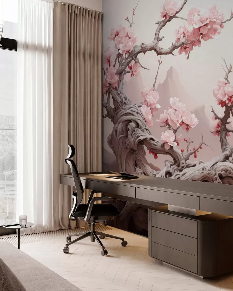 murales de pared Tronco de árbol retorcido con sakura rosa en flor w09388