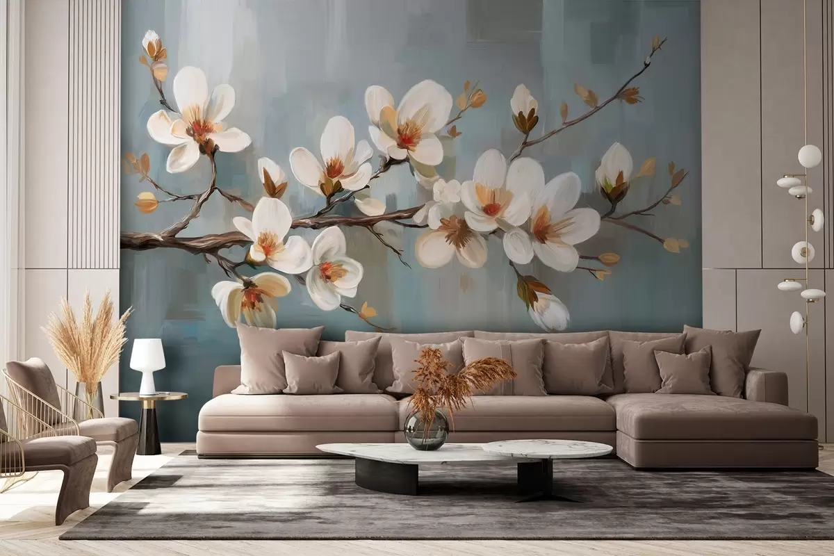 Murales de pared Una rama en flor al estilo de la pintura al óleo sobre fondo azul w04496 murales de pared Una rama en flor al estilo de la pintura al óleo sobre fondo azul w04496