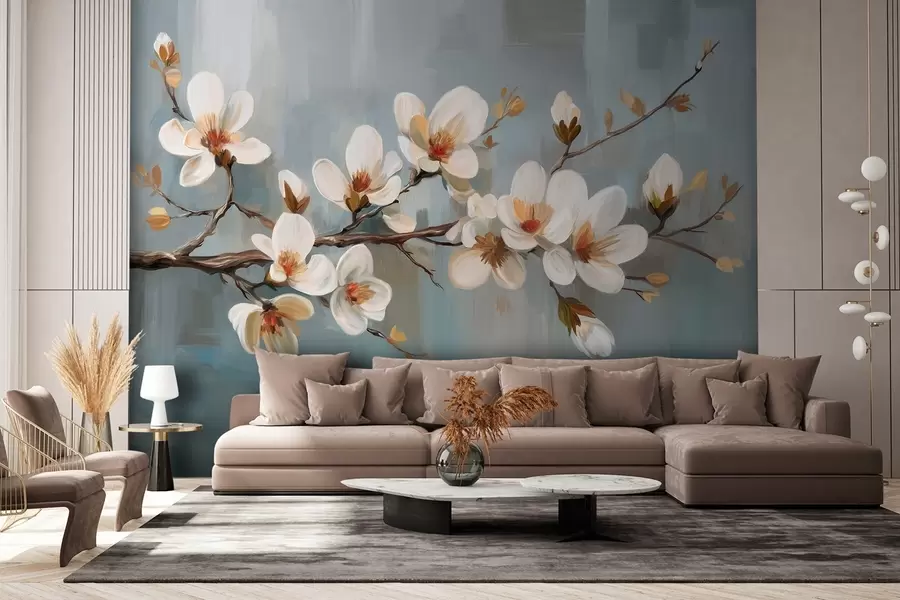 Murales de pared Una rama en flor al estilo de la pintura al óleo sobre fondo azul w04496 murales de pared Una rama en flor al estilo de la pintura al óleo sobre fondo azul w04496