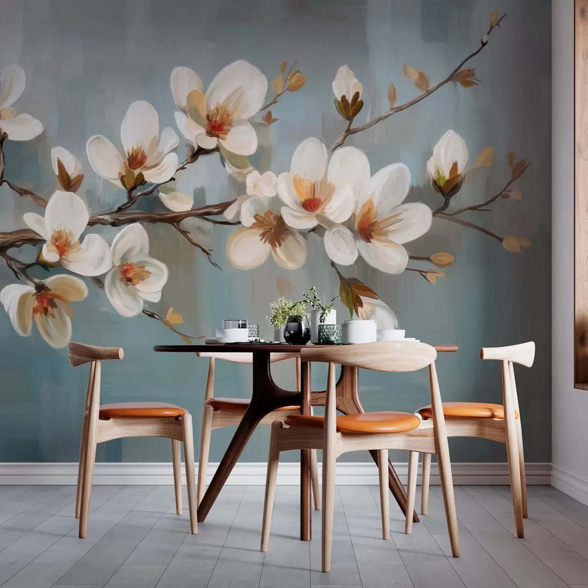 murales de pared Una rama en flor al estilo de la pintura al óleo sobre fondo azul w04496
