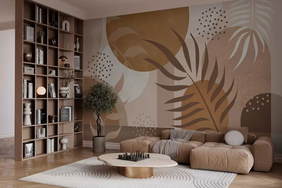 murales de pared Abstracción contemporánea con plantas en tonos marrones y beige w04497