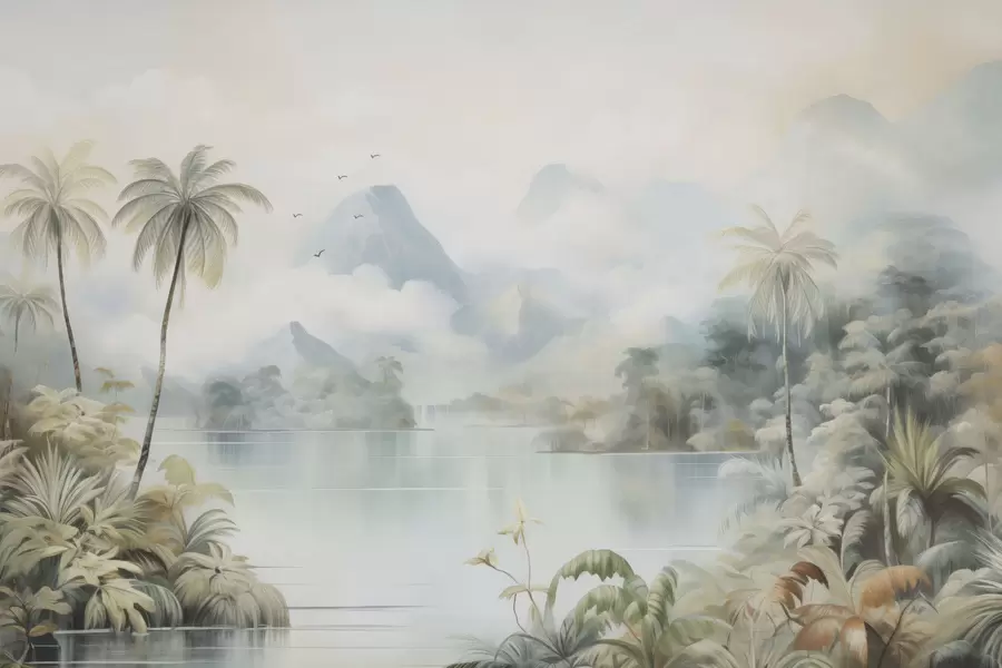 murales de pared Río en la selva cerca de las montañas w04536