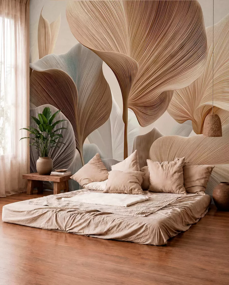 murales de pared Hojas elegantes de color beige con una textura lineal fina w04549