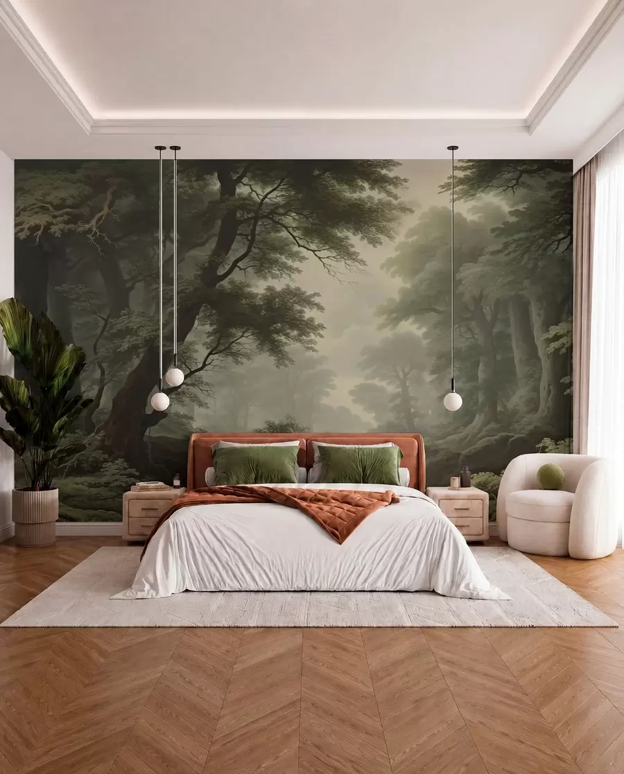 murales de pared Bosque brumoso con río y árboles antiguos de gran altura w04555
