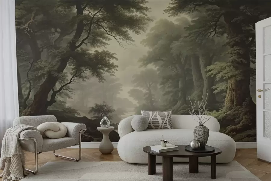 Murales de pared Bosque brumoso con río y árboles antiguos de gran altura w04555 murales de pared Bosque brumoso con río y árboles antiguos de gran altura w04555