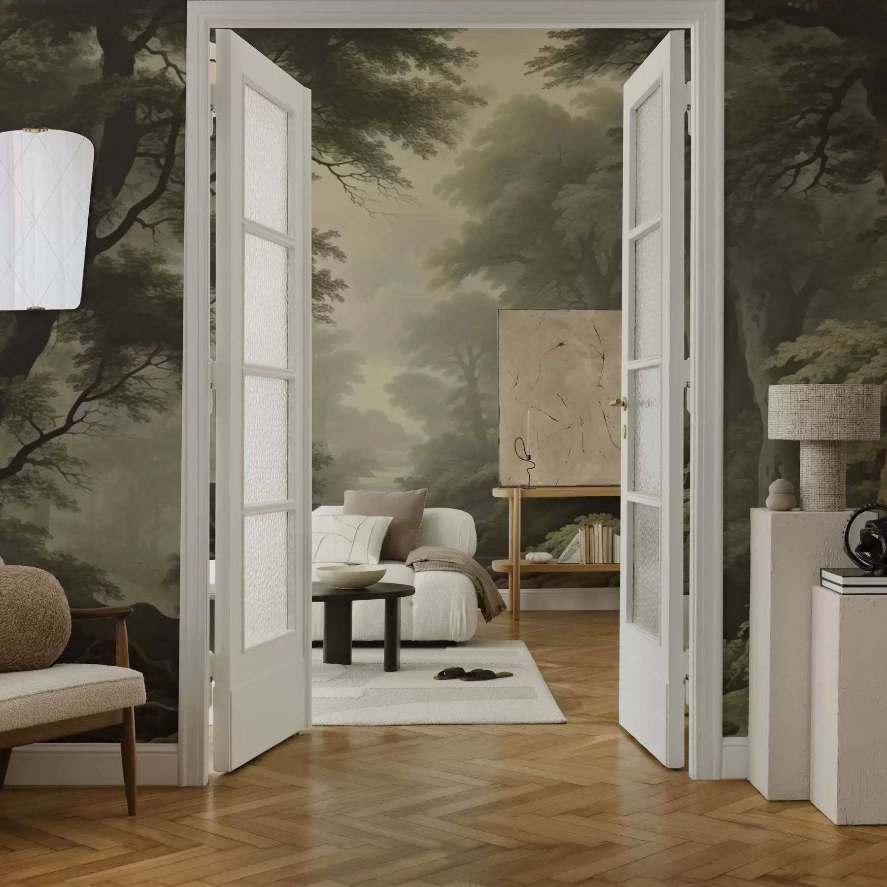 murales de pared Bosque brumoso con río y árboles antiguos de gran altura w04555