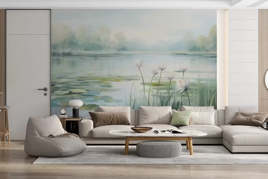 murales de pared Paisaje con un lago, nenúfares y hojas de nenúfar, árboles al fondo, en un entorno tranquilo, tonos azul claro y verde w09395