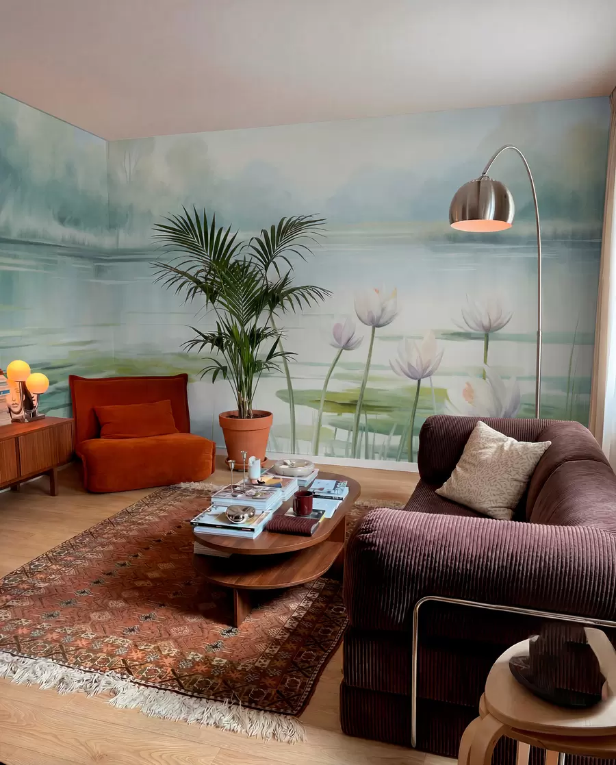 murales de pared Paisaje con un lago, nenúfares y hojas de nenúfar, árboles al fondo, en un entorno tranquilo, tonos azul claro y verde w09395