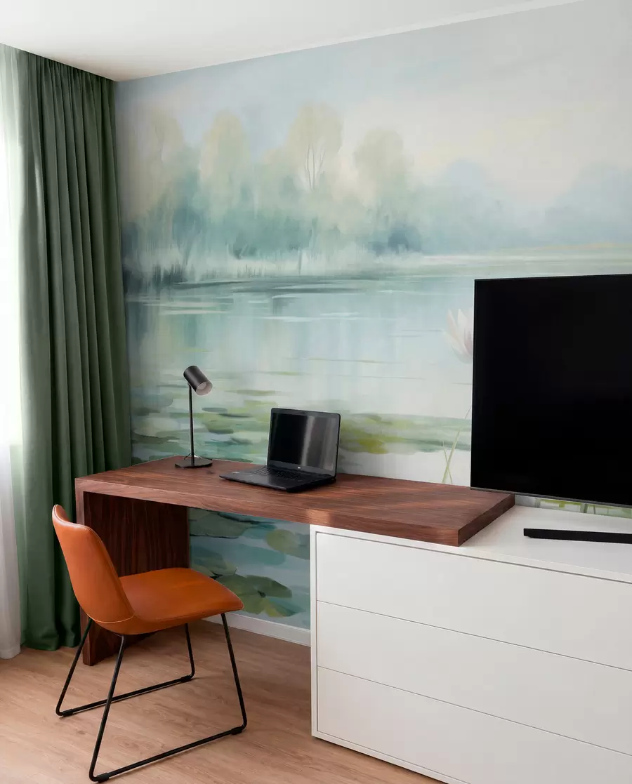 murales de pared Paisaje con un lago, nenúfares y hojas de nenúfar, árboles al fondo, en un entorno tranquilo, tonos azul claro y verde w09395