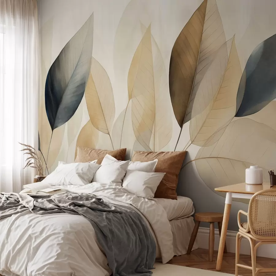 murales de pared Pintura texturizada imitación de hojas en tonos marrones, amarillos y grises, con delicadas venas y tallos w09400