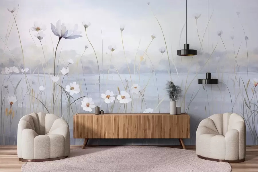 Murales de pared Flores blancas con tallos largos en un campo, cielo azul claro, colores suaves, textura, estilo minimalista, inspirado en la naturaleza, fondo tranquilo w09401 murales de pared Flores blancas con tallos largos en un campo, cielo azul claro, colores suaves, textura, estilo minimalista, inspirado en la naturaleza, fondo tranquilo w09401