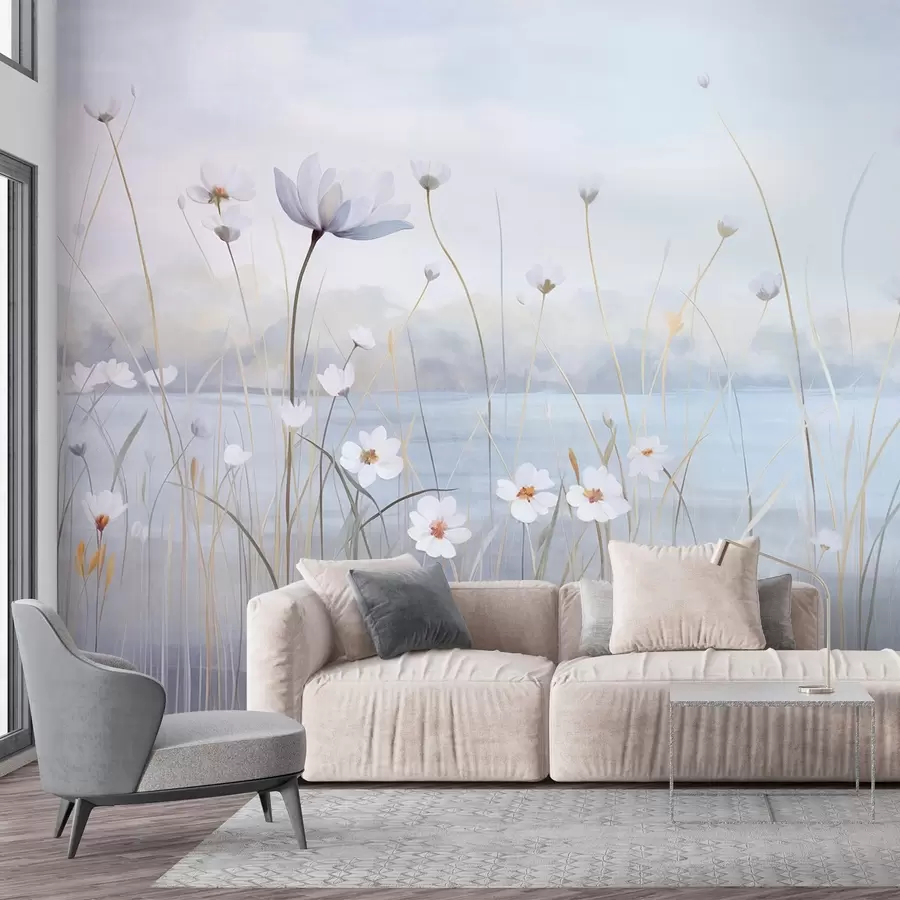 murales de pared Flores blancas con tallos largos en un campo, cielo azul claro, colores suaves, textura, estilo minimalista, inspirado en la naturaleza, fondo tranquilo w09401