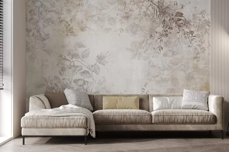 Murales de pared Arte floral vintage con textura, ilustraciones de delicadas flores y hojas de jardín en estilo dibujo, suaves tonos pastel beige y sepia w09402 murales de pared Arte floral vintage con textura, ilustraciones de delicadas flores y hojas de jardín en estilo dibujo, suaves tonos pastel beige y sepia w09402