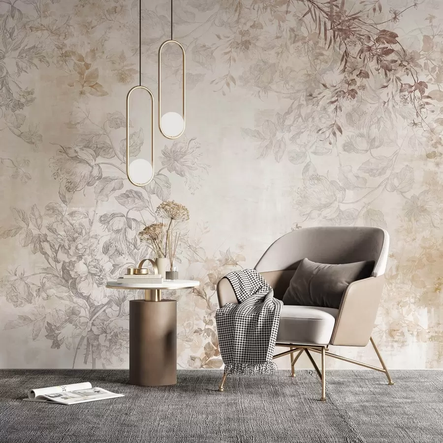 murales de pared Arte floral vintage con textura, ilustraciones de delicadas flores y hojas de jardín en estilo dibujo, suaves tonos pastel beige y sepia w09402