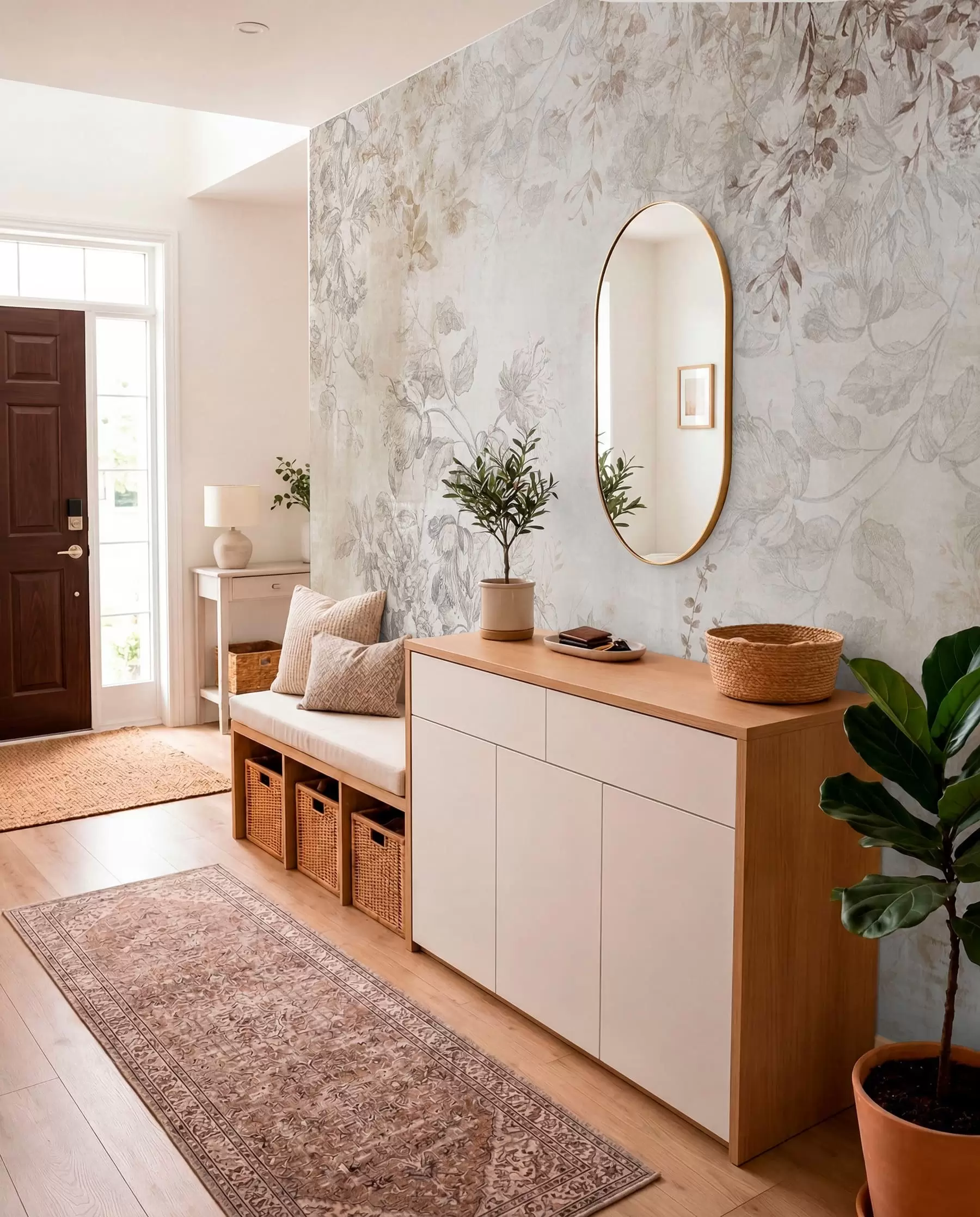 murales de pared Arte floral vintage con textura, ilustraciones de delicadas flores y hojas de jardín en estilo dibujo, suaves tonos pastel beige y sepia w09402