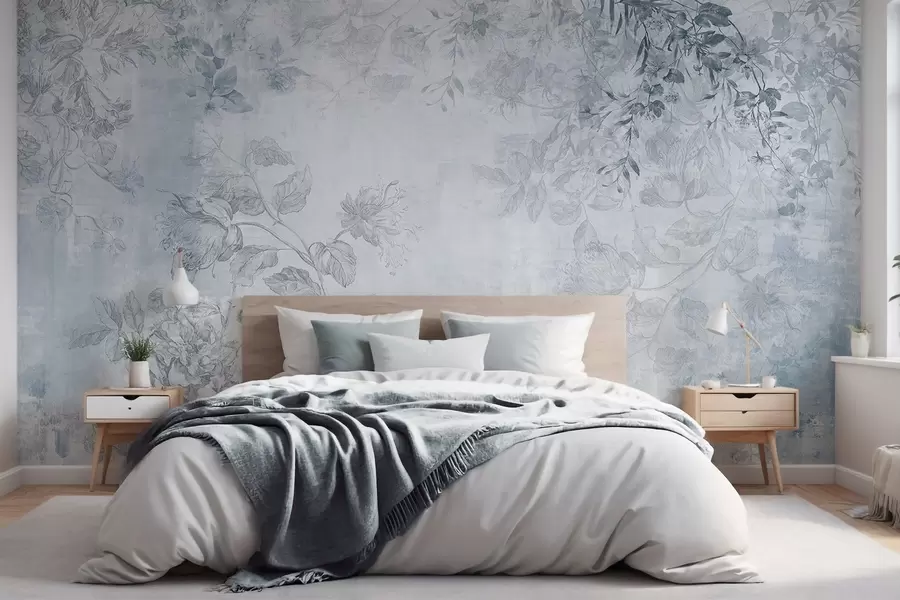 murales de pared Arte floral vintage con textura, ilustraciones de delicadas flores y hojas de jardín en estilo dibujo, tonos azules suaves w09402v1