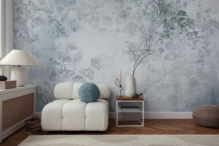 Murales de pared Arte floral vintage con textura, ilustraciones de delicadas flores y hojas de jardín en estilo dibujo, tonos azules suaves w09402v1 murales de pared Arte floral vintage con textura, ilustraciones de delicadas flores y hojas de jardín en estilo dibujo, tonos azules suaves w09402v1