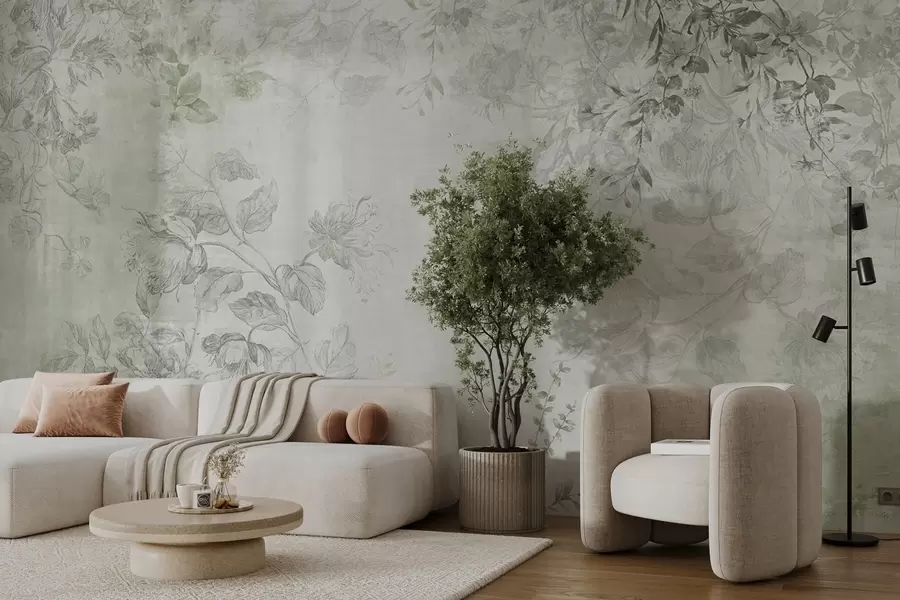 Murales de pared Arte floral vintage con textura, ilustraciones de delicadas flores y hojas de jardín en estilo dibujo, tonos verdes suaves w09402v2 murales de pared Arte floral vintage con textura, ilustraciones de delicadas flores y hojas de jardín en estilo dibujo, tonos verdes suaves w09402v2