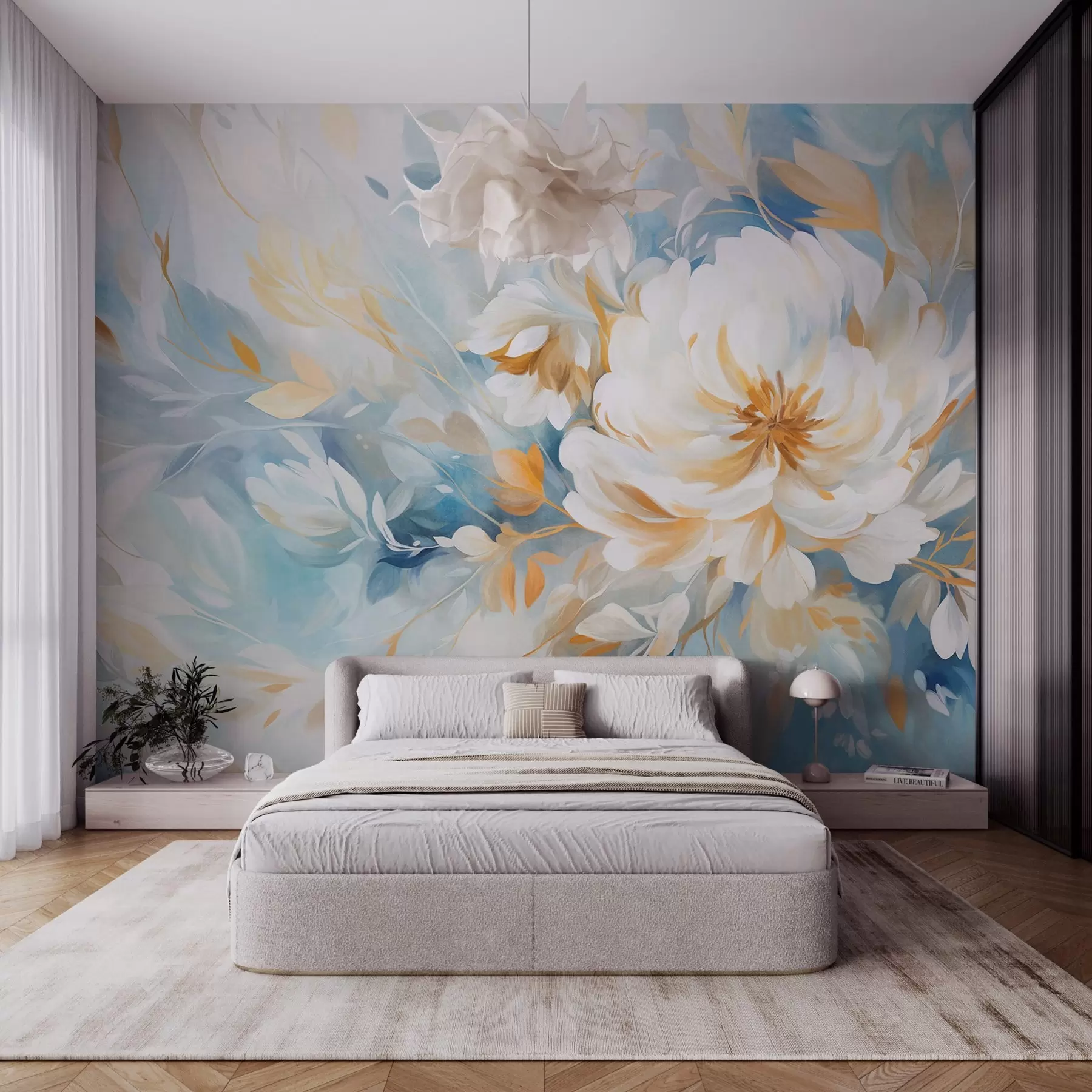 murales de pared Flor blanca texturizada con detalles azules y amarillos y hojas sobre un fondo abstracto azul y blanco, estilo pictórico w09403