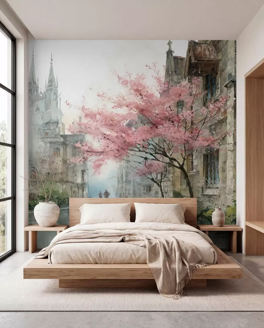 murales de pared paisaje urbano en estilo acuarela w04500