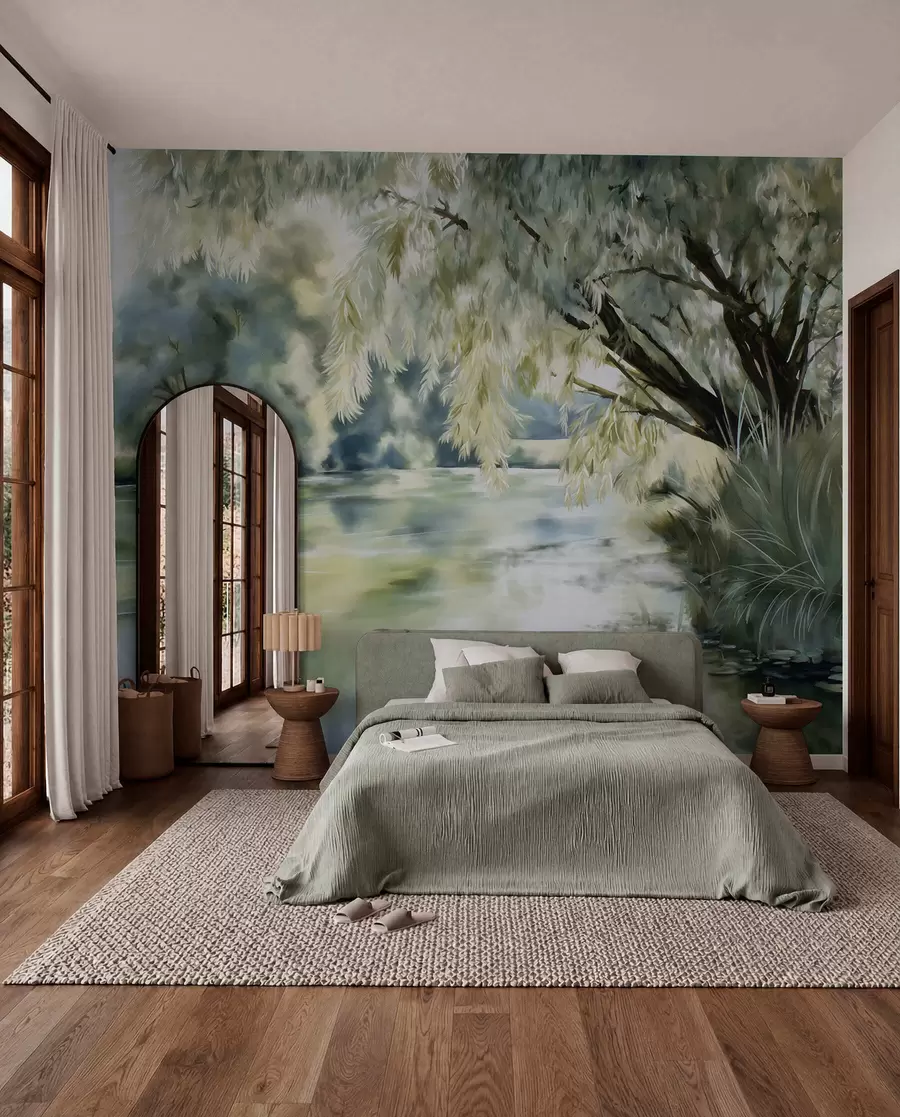 murales de pared árbol de estilo acuarela sobre el lago w04501