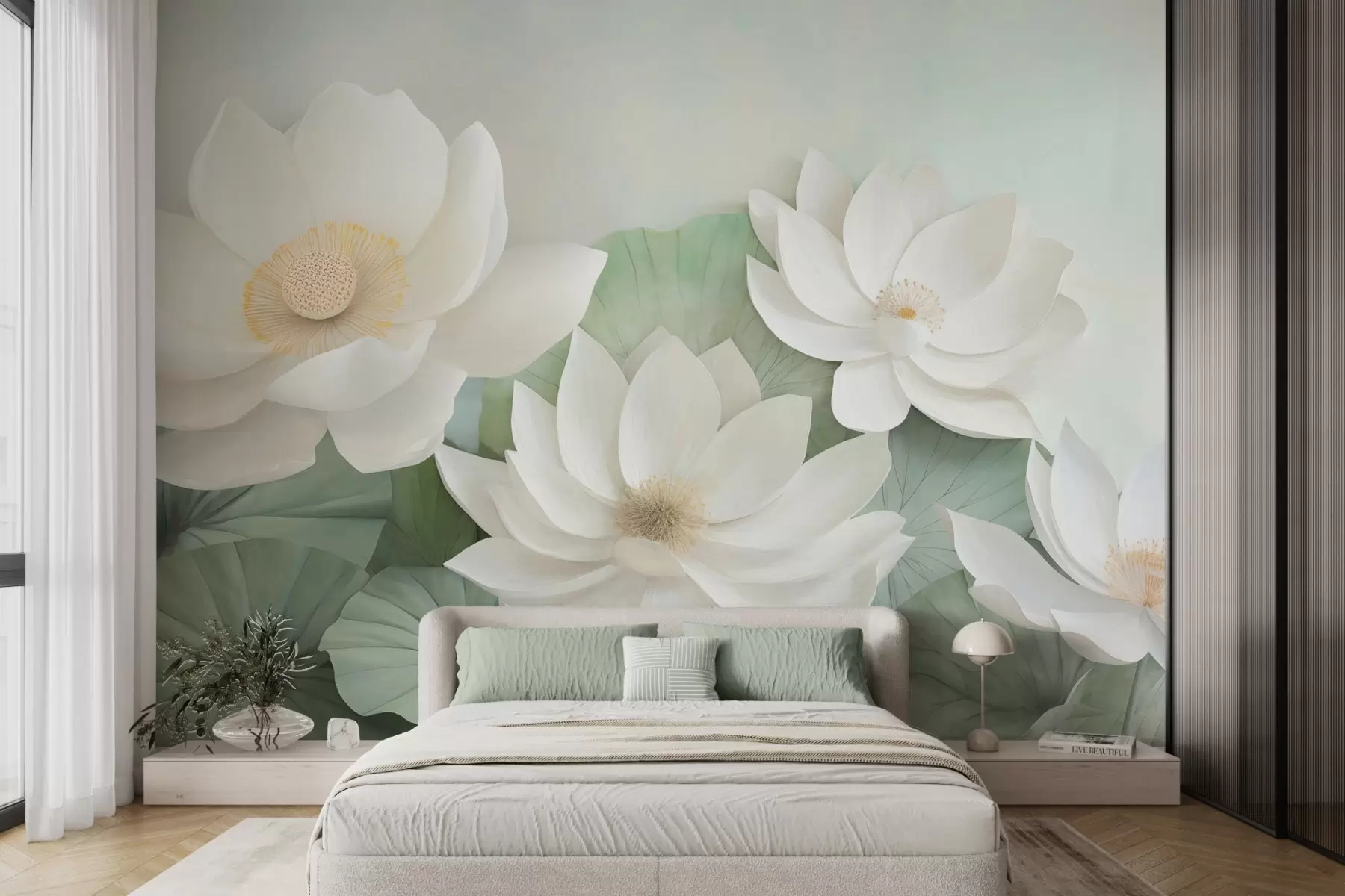 murales de pared Flores de loto en el follaje w04539