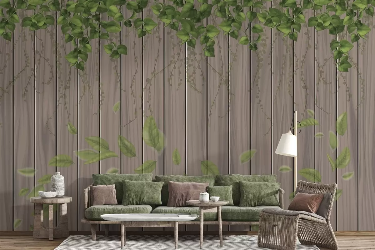 Murales de pared Tablas de madera imitación con hojas colgantes w04603 murales de pared Tablas de madera imitación con hojas colgantes w04603