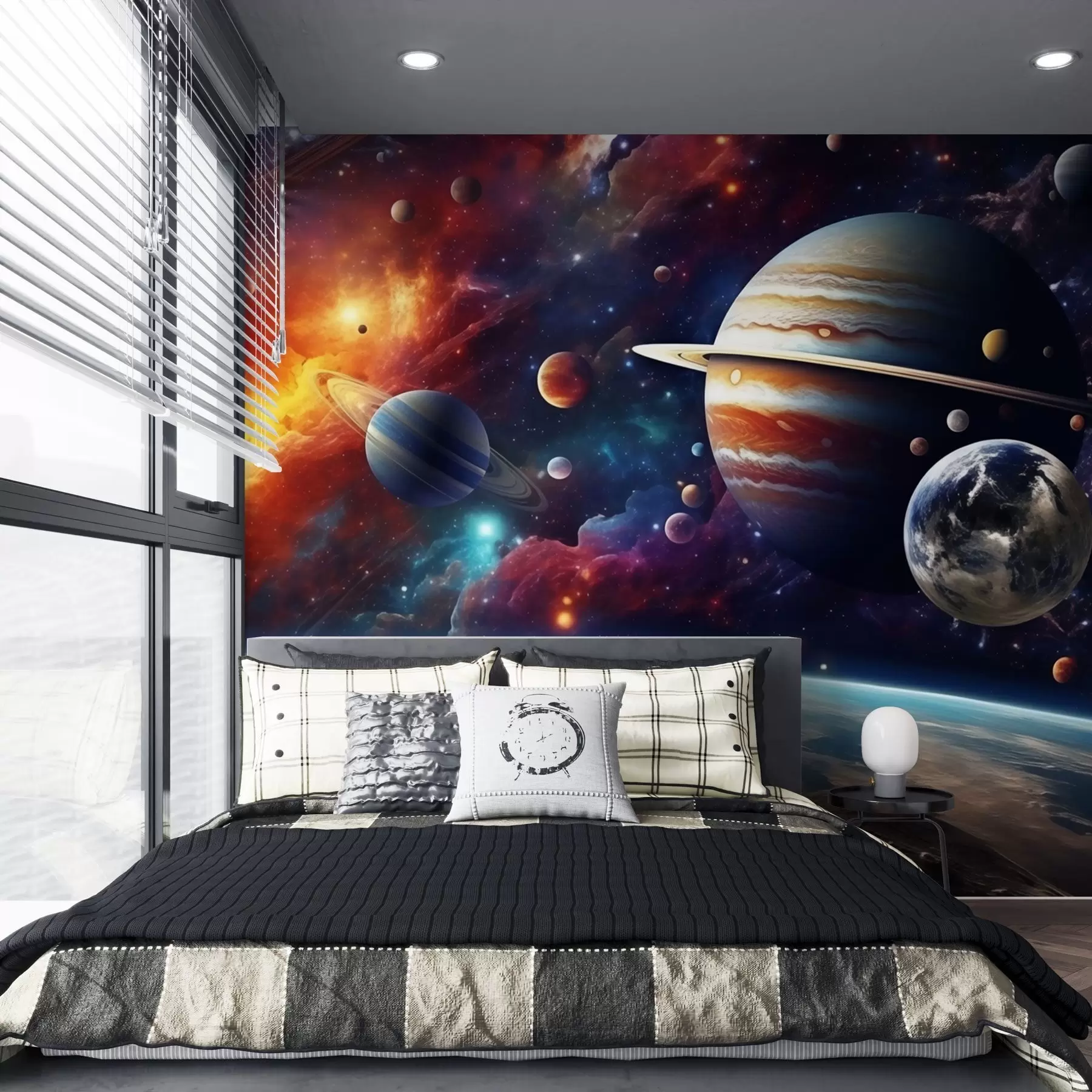 murales de pared Cosmos colorido con planetas y nebulosas w04576