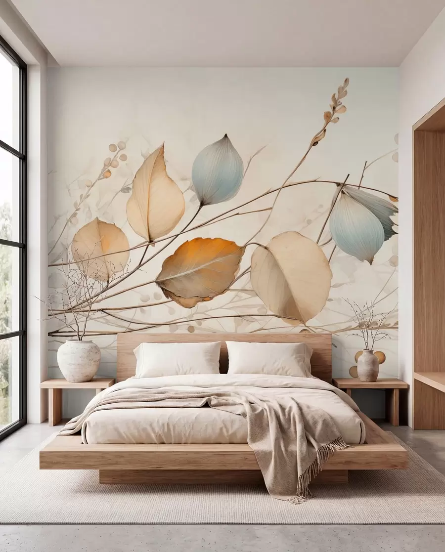 murales de pared Ramas delicadas con hojas en tonos beige w04579