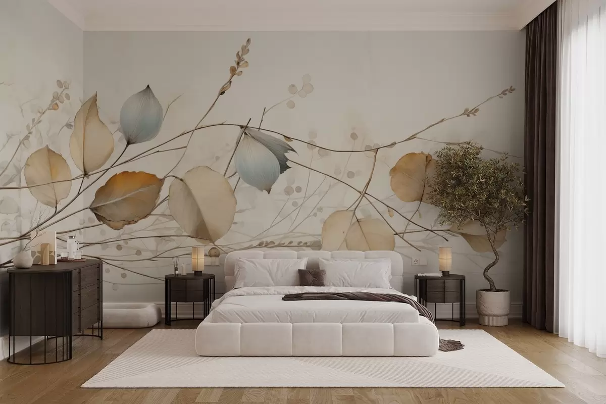 murales de pared Ramas delicadas con hojas en tonos beige w04579