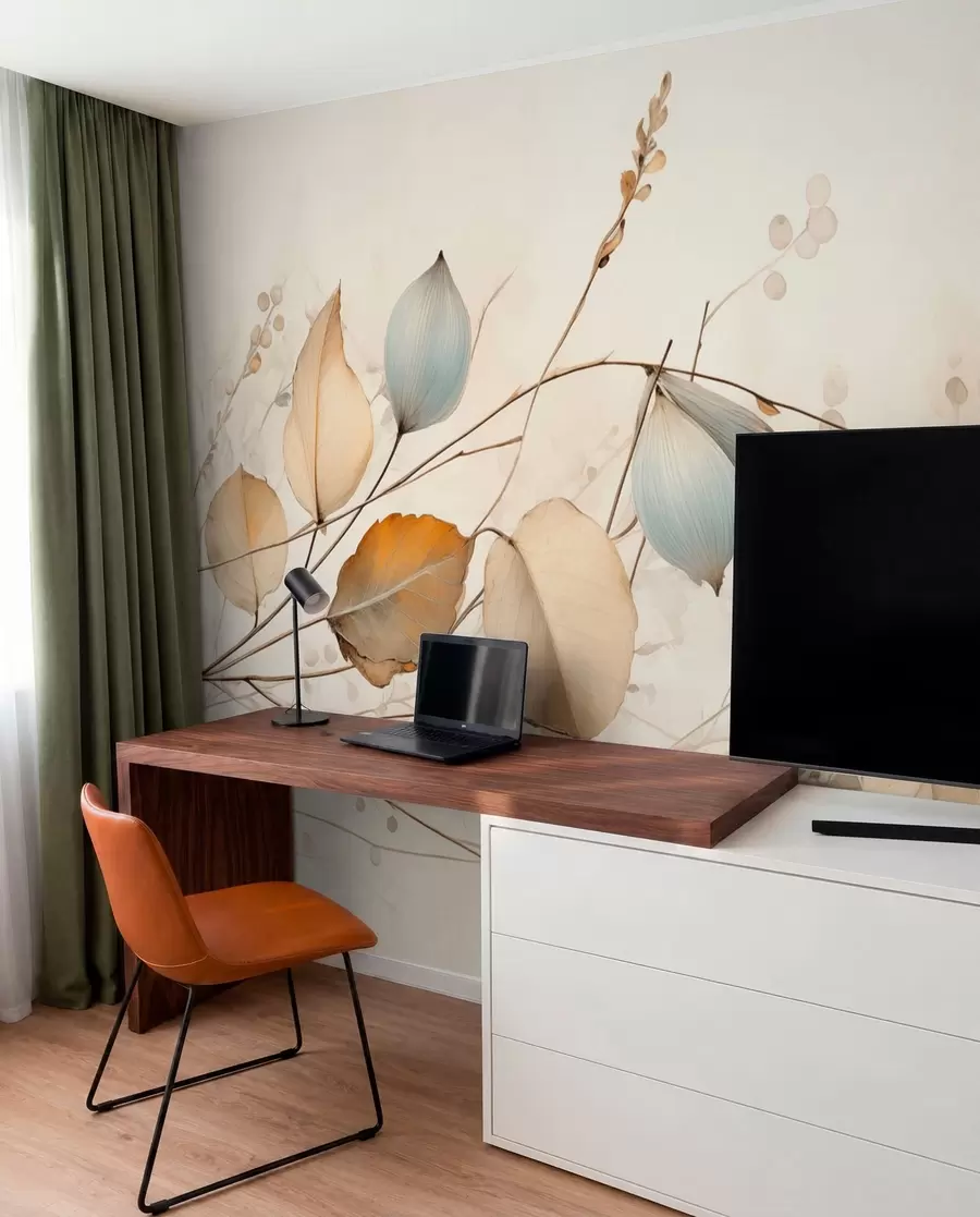 murales de pared Ramas delicadas con hojas en tonos beige w04579