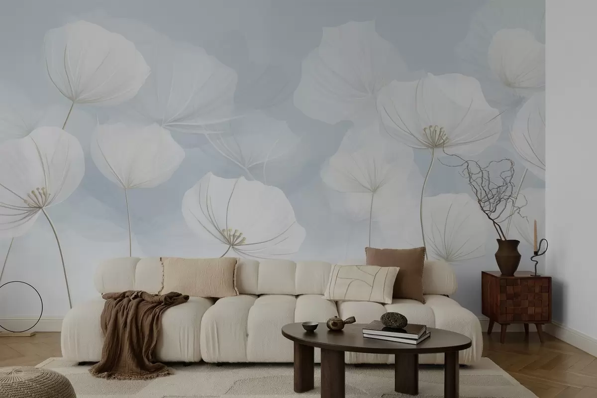 Murales de pared Flores blancas y aireadas sobre fondo azul w04580 murales de pared Flores blancas y aireadas sobre fondo azul w04580