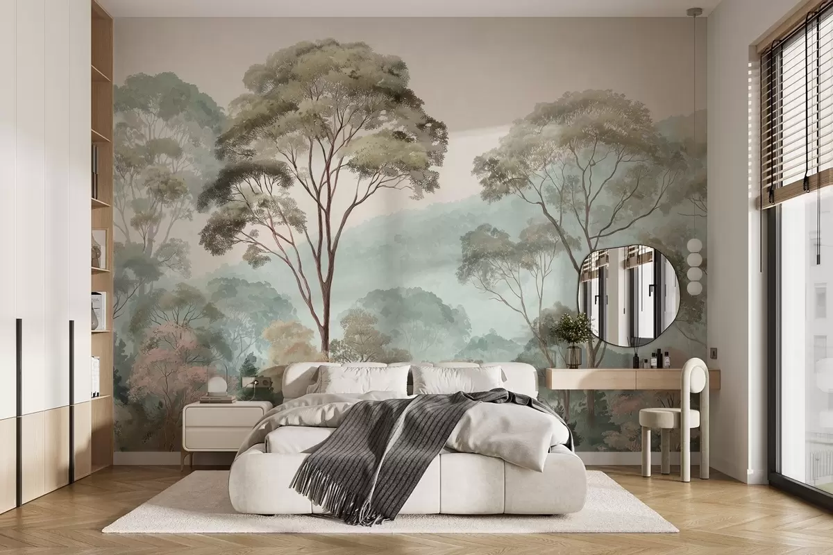 murales de pared Mañana brumosa en el bosque en estilo acuarela w09405