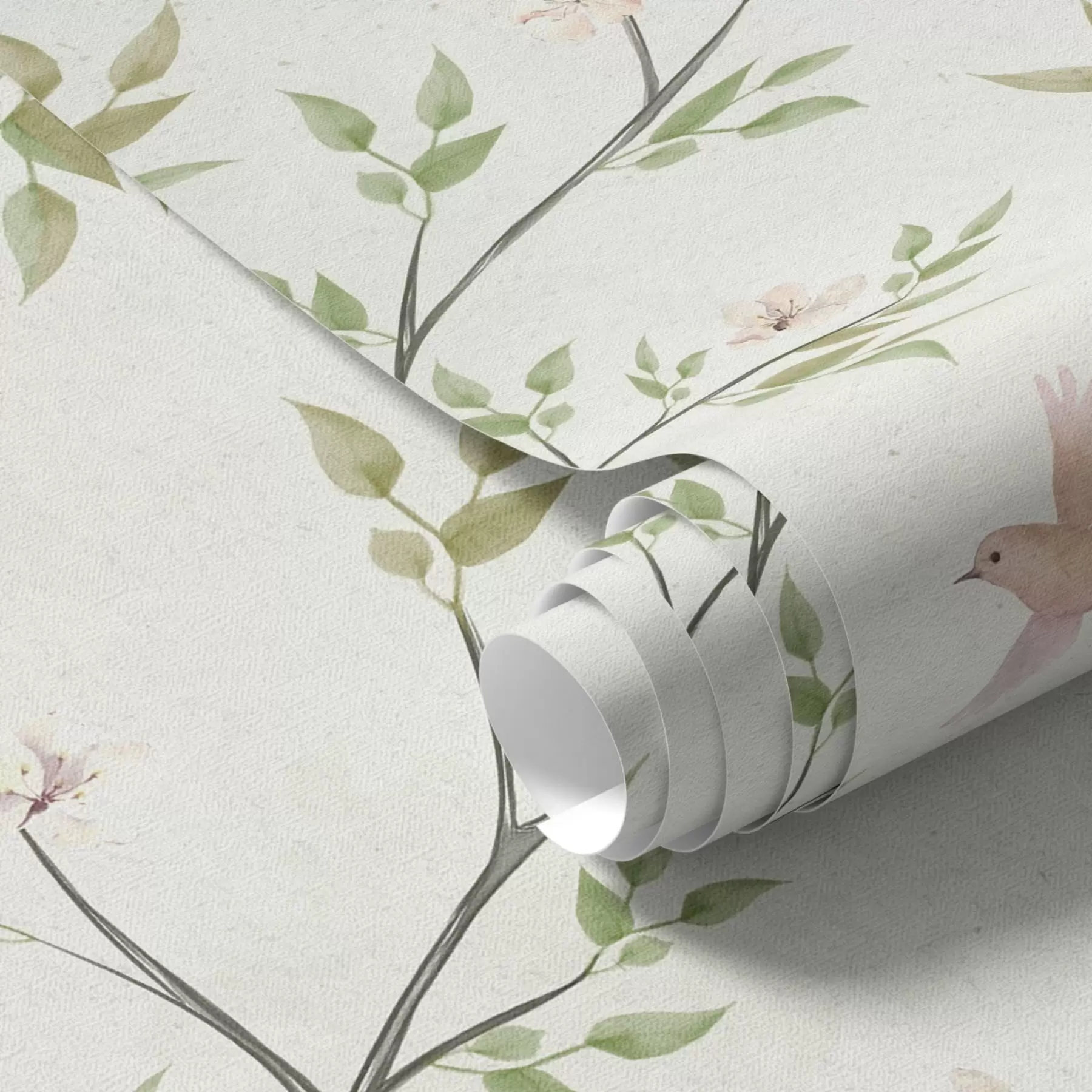 murales de pared Ramas acuareladas con hojas y pájaros sobre un fondo claro a00496