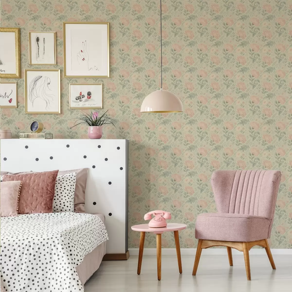 Papel pintado Flores grandes de melocotonero vintage con hojas de salvia a00580