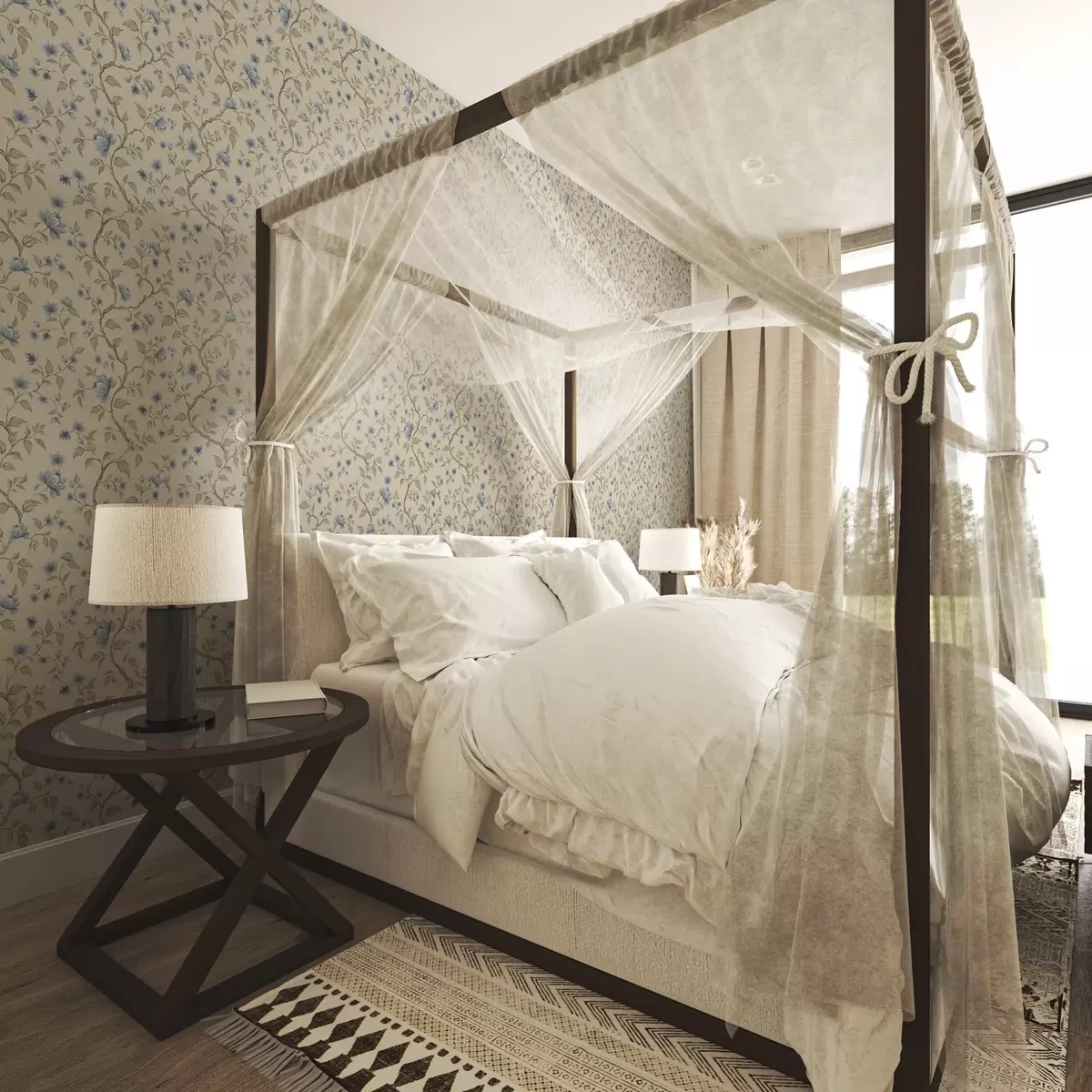 Papel pintado Ramas con flores azules sobre fondo beige lino a00590