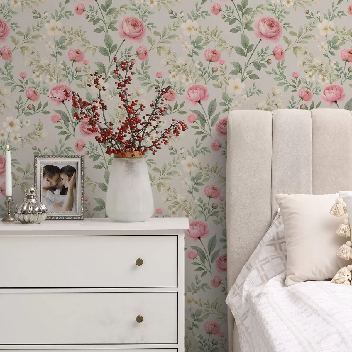 Papel pintado Peonías y flores blancas en acuarela sobre fondo gris-beige a00592