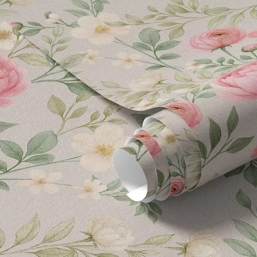 murales de pared Peonías y flores blancas en acuarela sobre fondo gris-beige a00592