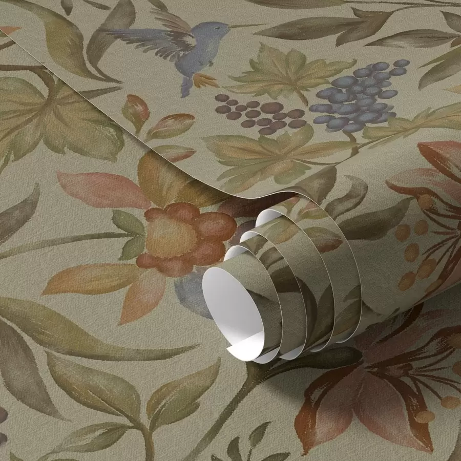 murales de pared Flores y pájaros vintage con uvas sobre fondo oliva a00594