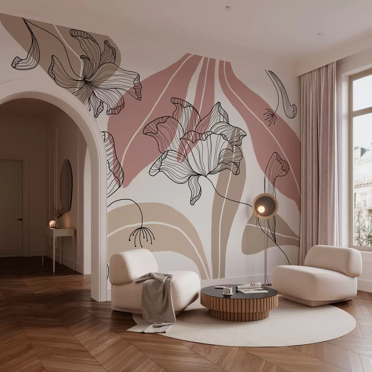 murales de pared hojas y flores abstractas en tonos empolvados y beige w04499