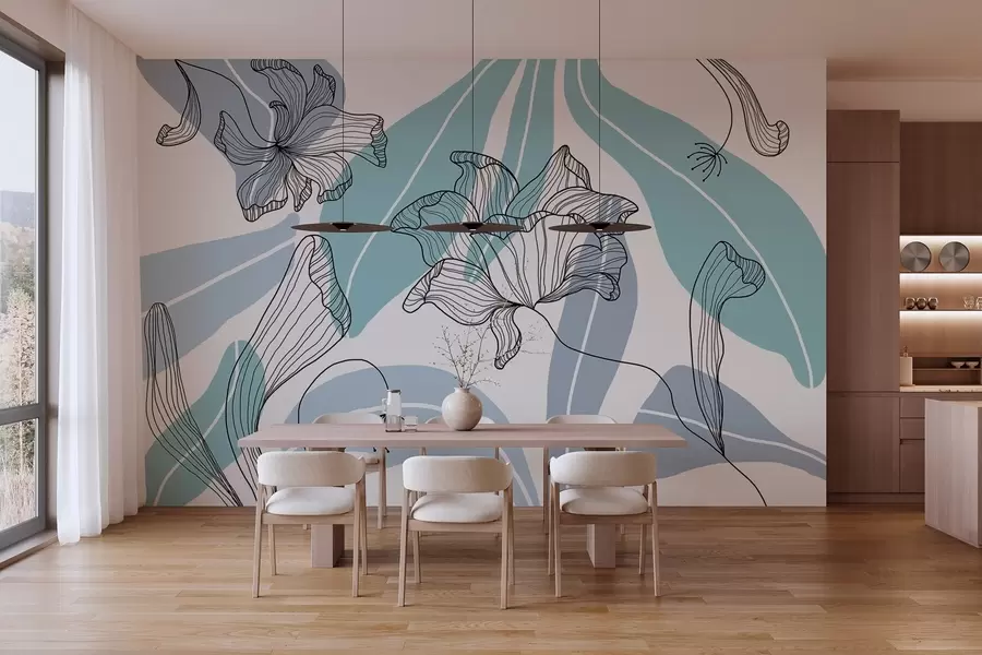 Murales de pared hojas y flores abstractas en tonos azules w04499v2 murales de pared hojas y flores abstractas en tonos azules w04499v2
