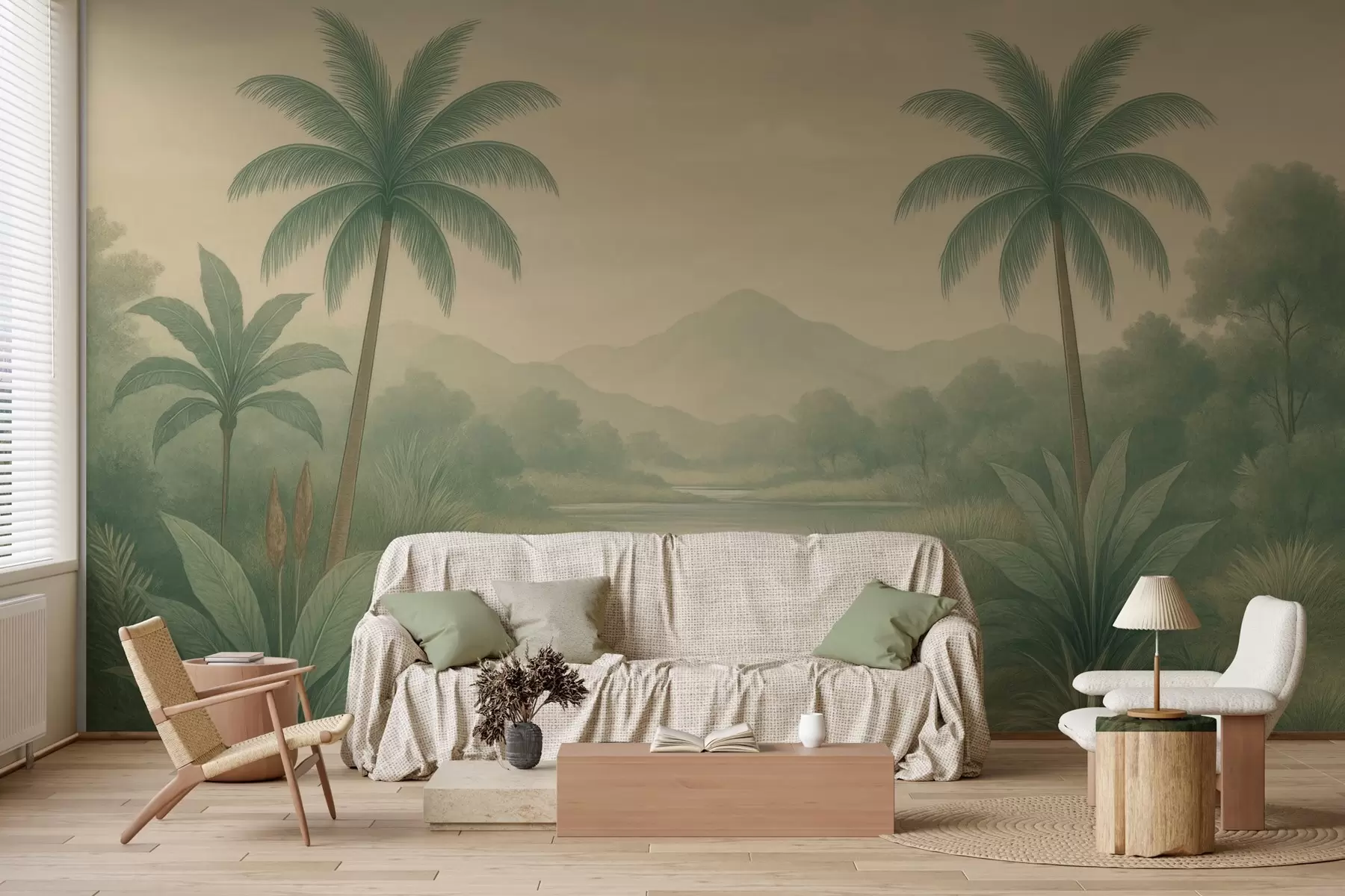murales de pared paisaje tropical con palmeras y un río w04623