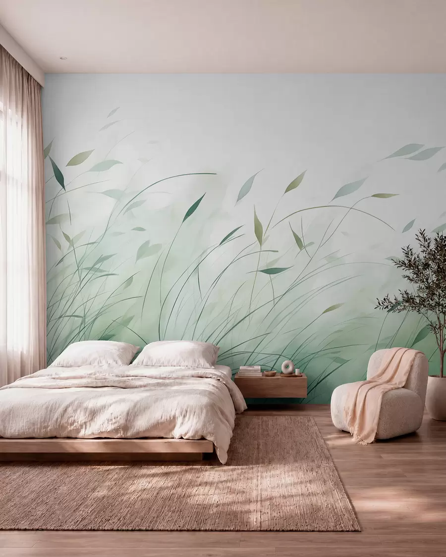 murales de pared Hierba verde al viento en estilo acuarela w09331