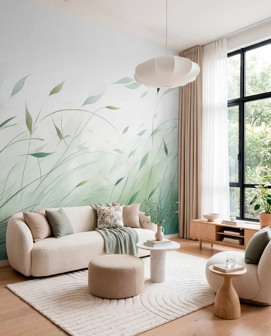 murales de pared Hierba verde al viento en estilo acuarela w09331
