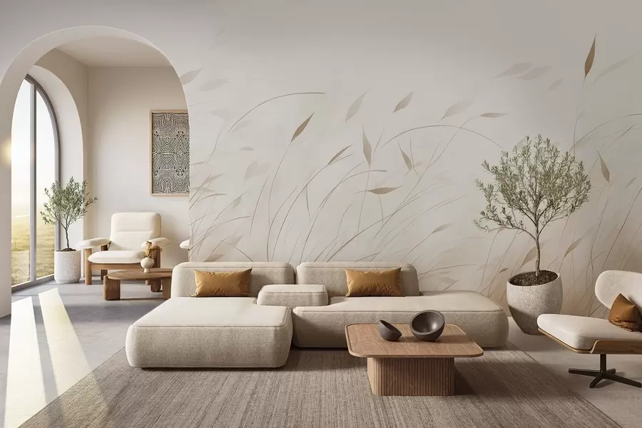 murales de pared Hierba al viento en estilo acuarela en tonos beige w09331v1