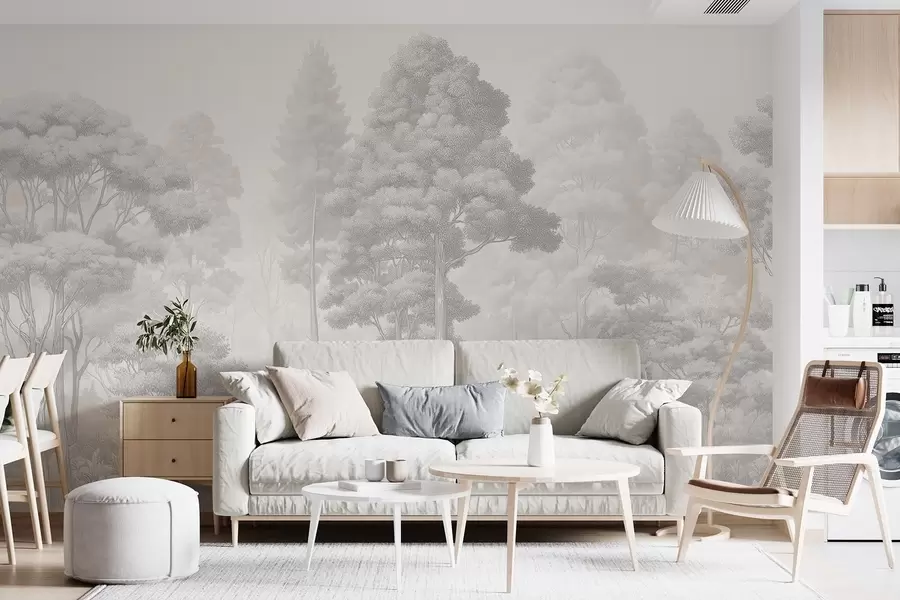 Murales de pared Paisaje forestal artístico en la técnica del sombreado gráfico en blanco y negro w09411 murales de pared Paisaje forestal artístico en la técnica del sombreado gráfico en blanco y negro w09411