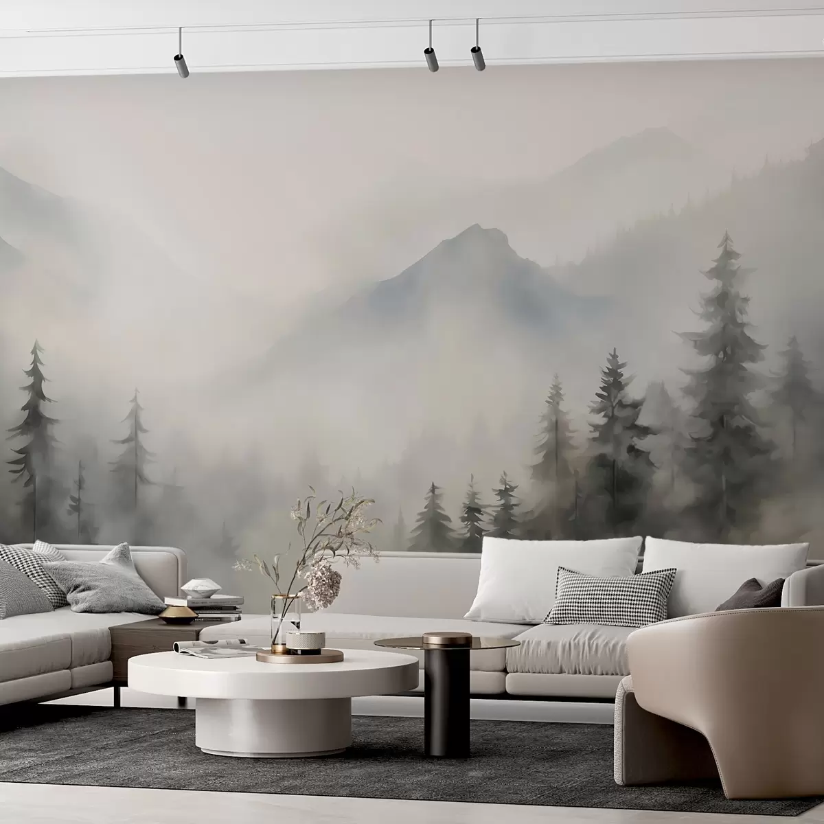 Murales de pared Bosque en la niebla con las montañas como telón de fondo w04493 murales de pared Bosque en la niebla con las montañas como telón de fondo w04493