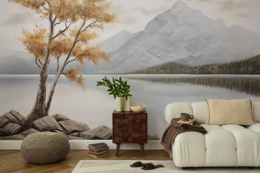 Murales de pared Árbol otoñal junto a un lago de montaña, tranquilos tonos pastel w04611 murales de pared Árbol otoñal junto a un lago de montaña, tranquilos tonos pastel w04611